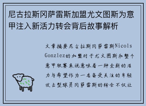 尼古拉斯冈萨雷斯加盟尤文图斯为意甲注入新活力转会背后故事解析 尼古拉斯冈萨雷斯加盟尤文图斯为意甲注入新活力转会背后故事解析